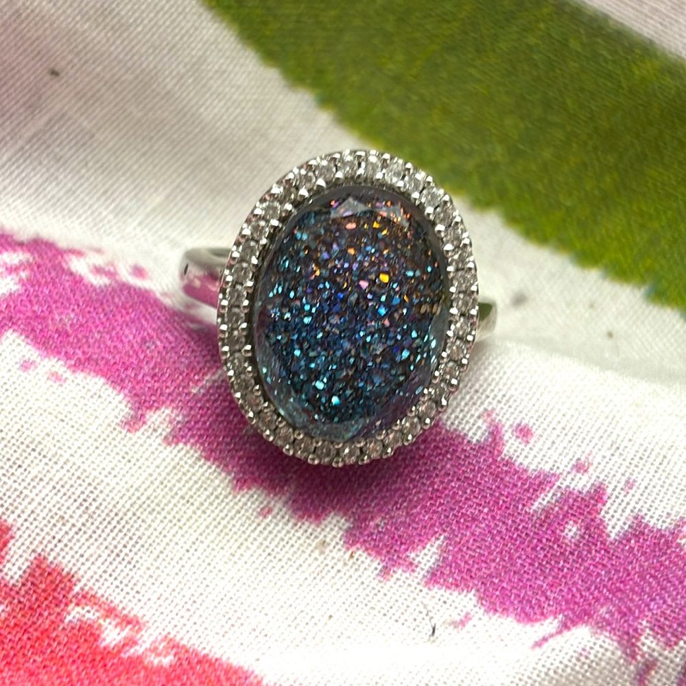 Heng Ngai Sterling Silver Sparkle Heart Hearts Embellished Pave Oval Druzy Ring
